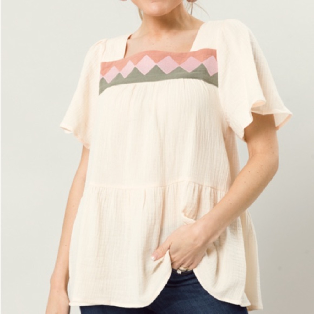 entro Diamond Embroidered Gauze Flutter Top